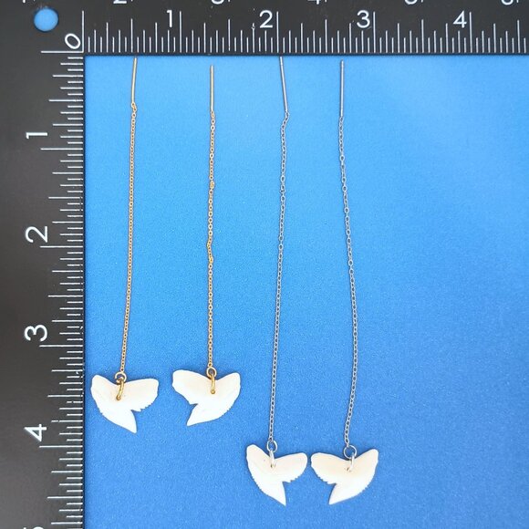 Tiger SHARKS TEETH Ear Threads Threader Earrings Silver Pair Shark Tooth 4.5" Ad - Picture 6 of 6